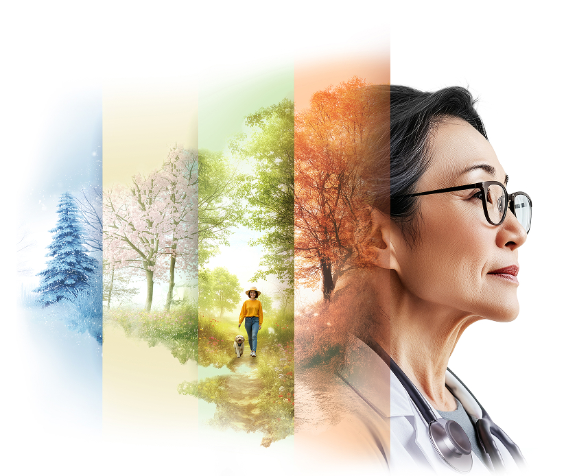 Side profile of a woman with a collage of four seasonal landscapes behind her