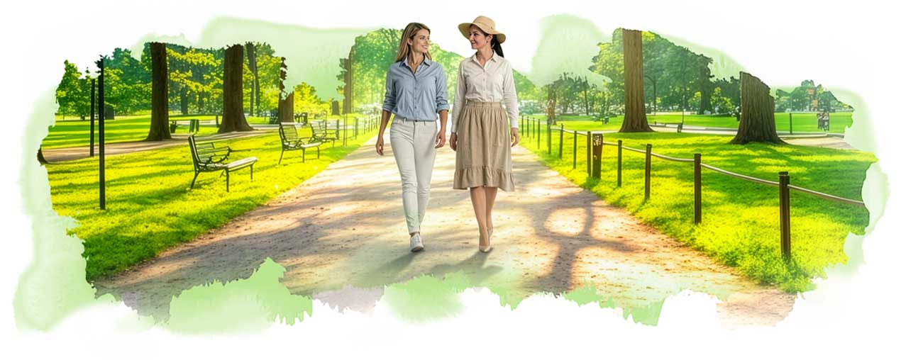 Illustration of two women walking together on a park path