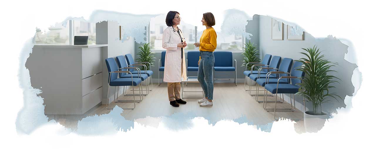 Illustration of a patient speaking with a healthcare professional in a clinic
