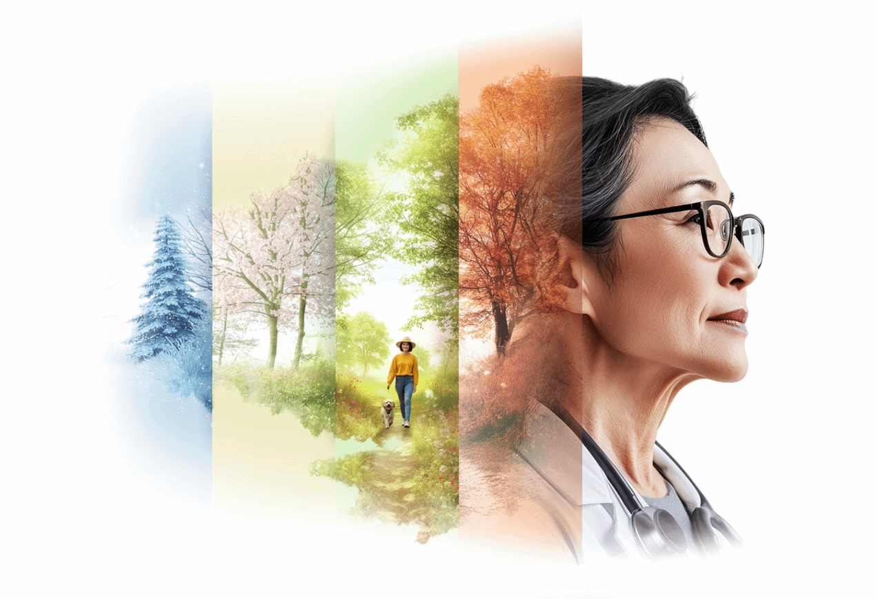 Side profile of a woman with a collage of four seasonal landscapes behind her